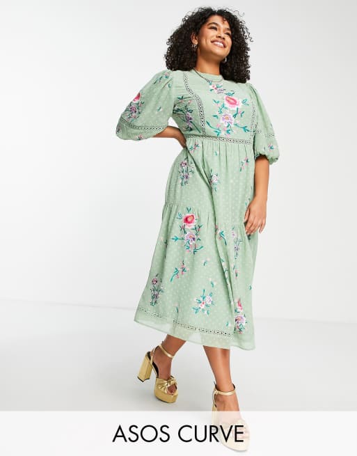 ASOS DESIGN Curve - Vestito midi accollato in plumetis verde chiaro con finiture in pizzo 