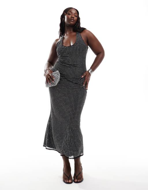 ASOS DESIGN Curve - Vestito midi allacciato al collo nero con scollo rotondo e dettagli applicati a caldo tagliati al laser