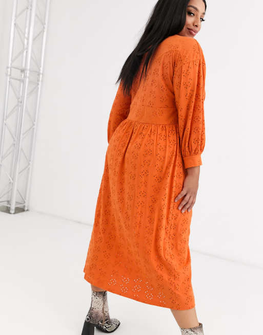 ASOS DESIGN Curve - Vestito midi arancione in pizzo con chiusura a gancetti, 2 di 4