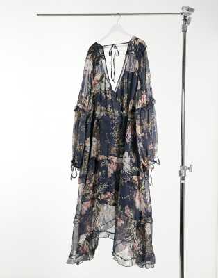 ASOS DESIGN Curve - Vestito midi arricciato a balze blu navy con stampa a fiori e finiture con laccetti  donna Blu navy - immagine2