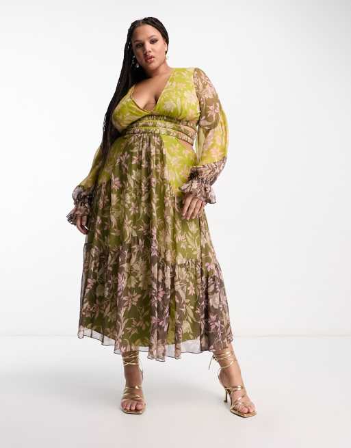 ASOS DESIGN Curve - Vestito midi arricciato in vita con maniche a campana a fiori misti