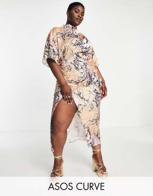 Asos Design Curve - Vestito Midi Asimmetrico In Raso Effetto Marmo Accollato Con Maniche A Kimono-Multicolore