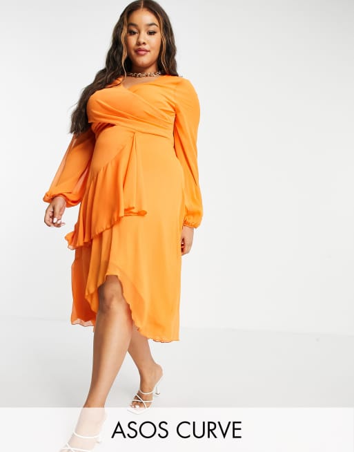 ASOS DESIGN Curve - Vestito midi avvolgente arancione con maniche lunghe e gonna a doppio strato