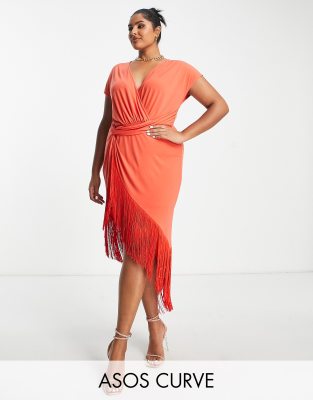 ASOS DESIGN Curve - Vestito midi avvolgente color arancione bruciato con dettaglio frangia