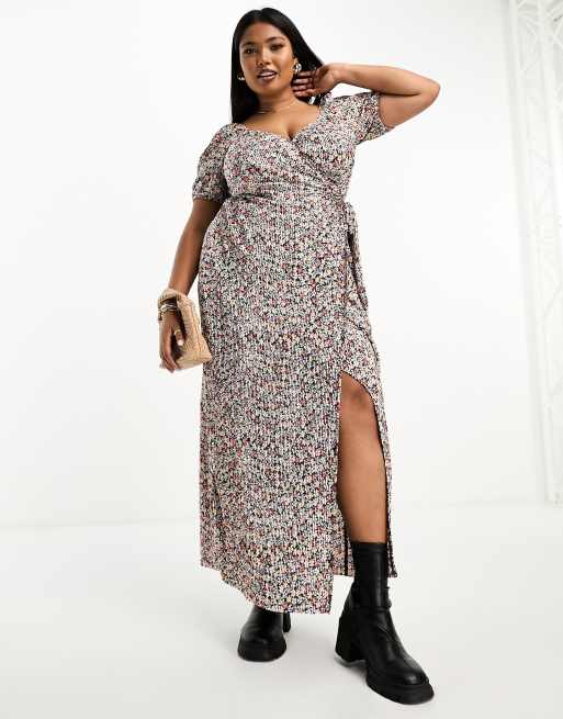 ASOS DESIGN Curve - Vestito midi avvolgente plissé a maniche corte con allacciatura laterale nero a fiorellini