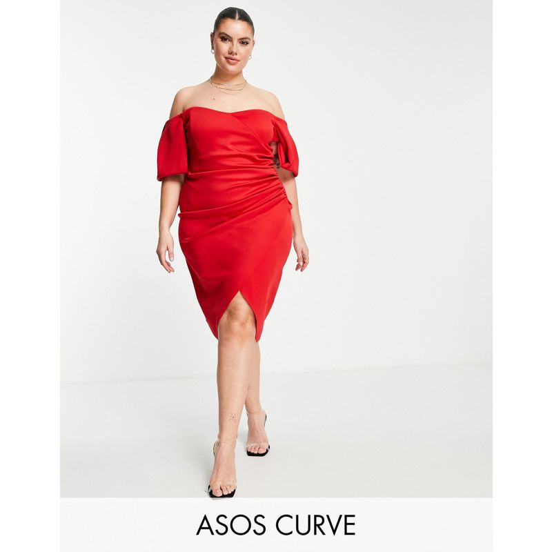 Donna Vestiti da sera DESIGN Curve - Vestito midi avvolgente rosso con scollo a cuore alla Bardot