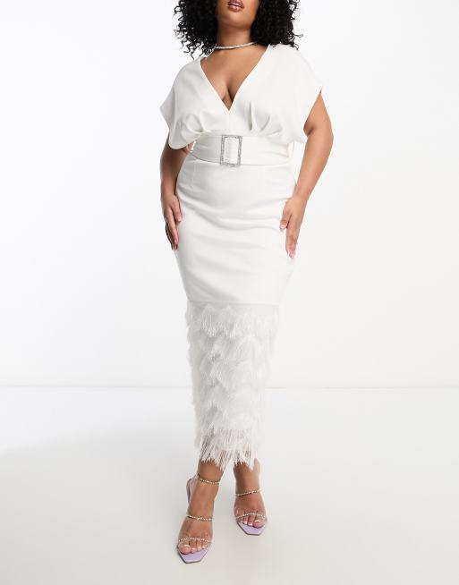 ASOS DESIGN Curve - Vestito midi bianco con scollo profondo squadrato, orlo in piume sintetiche e cintura con strass