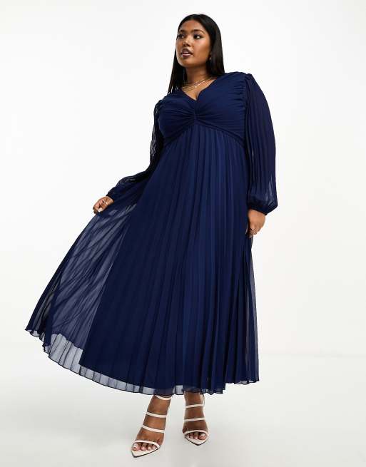 ASOS DESIGN Curve - Vestito midi blu navy a pieghe con scollo profondo
