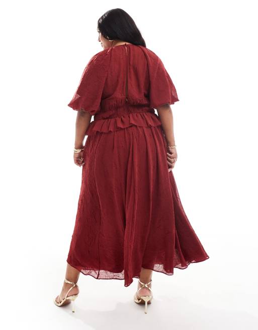 ASOS DESIGN Curve - Vestito midi bordeaux con maniche a sbuffo e vita arricciata, 2 di 4