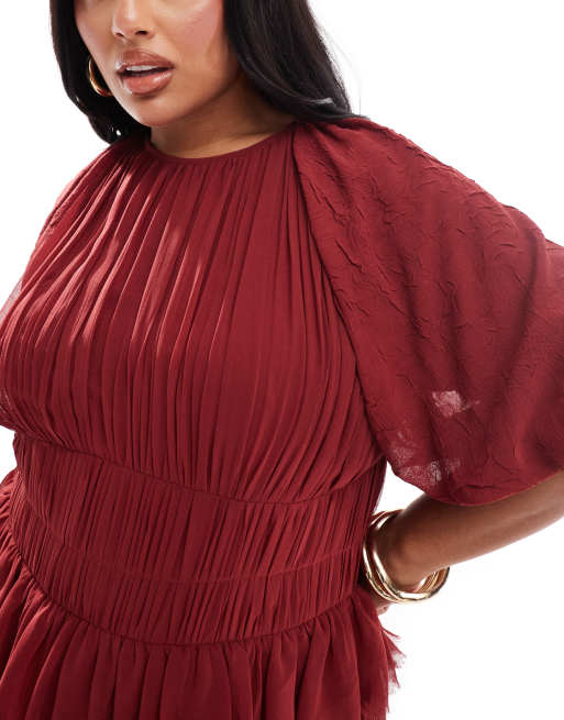 ASOS DESIGN Curve - Vestito midi bordeaux con maniche a sbuffo e vita arricciata, 3 di 4
