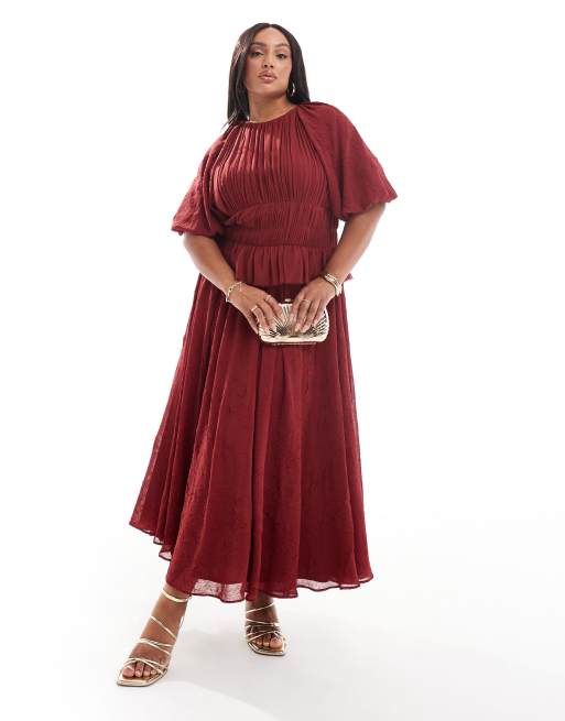 ASOS DESIGN Curve - Vestito midi bordeaux con maniche a sbuffo e vita arricciata, 4 di 4
