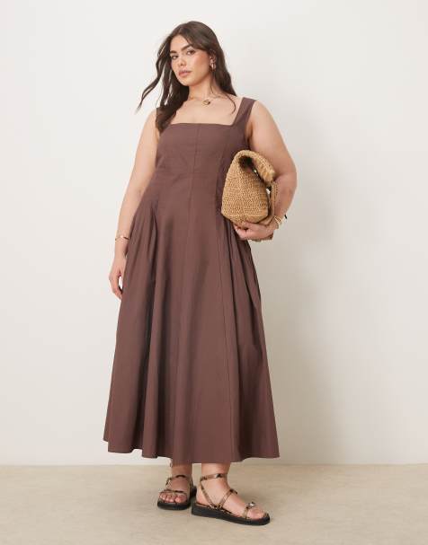 ASOS DESIGN Curve - Vestito midi cioccolato con scollo rotondo e pieghe in vita - view 1