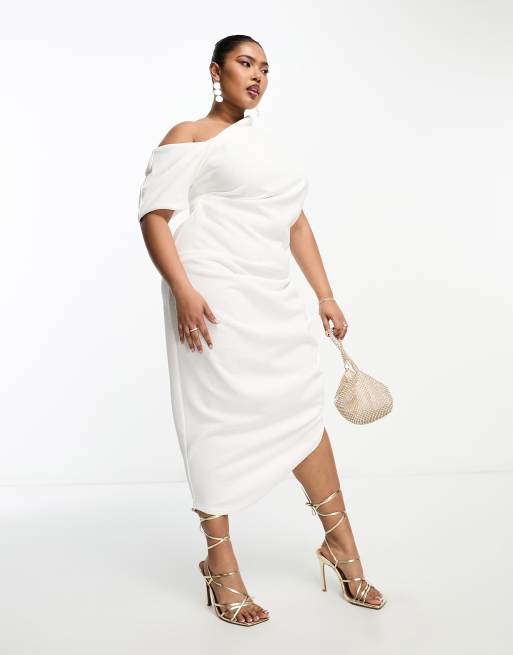 ASOS DESIGN Curve - Vestito midi color avorio con spalle scivolate testurizzato