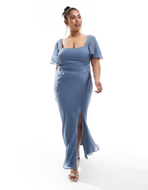 ASOS DESIGN Curve - Vestito midi color blu scuro con maniche con volant e inserti in pizzo