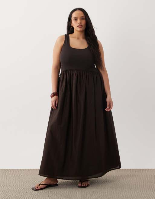 ASOS DESIGN Curve - Vestito midi color cioccolato a coste con corpino e gonna in popeline, 1 di 4