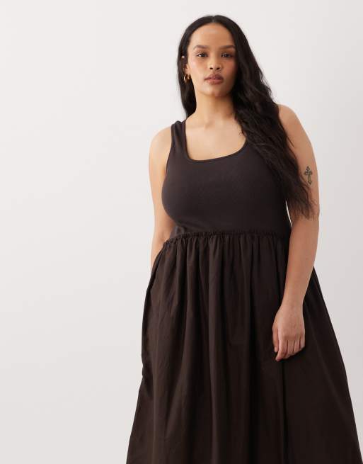 ASOS DESIGN Curve - Vestito midi color cioccolato a coste con corpino e gonna in popeline, 2 di 4