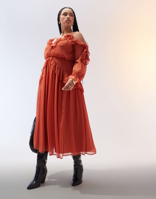 ASOS DESIGN Curve - Vestito midi color ruggine con spalle scoperte e volant, 4 di 4