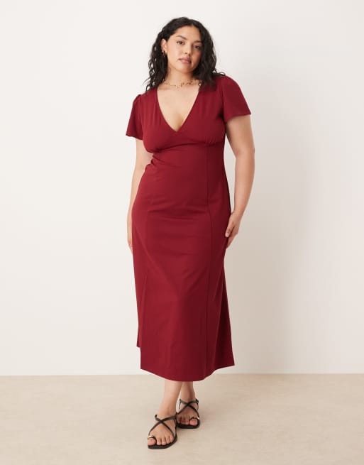 ASOS DESIGN Curve - Vestito midi color vinaccia con schiena scoperta e maniche con volant, 2 di 4