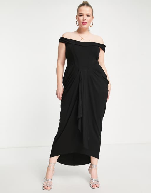 ASOS DESIGN Curve - Vestito midi con corsetto arricciato con scollo Bardot nero, 4 di 4