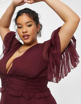 ASOS DESIGN Curve - Vestito midi con maniche con volant con vita a pieghe e bottoni, color mora-Rosso - ASOS DESIGN  donna Rosso - immagine2
