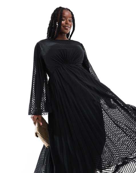 ASOS DESIGN Curve - Vestito midi con maniche svasate e allacciatura sul retro in chiffon nero a pieghe con motivo a spina di pesce - view 1
