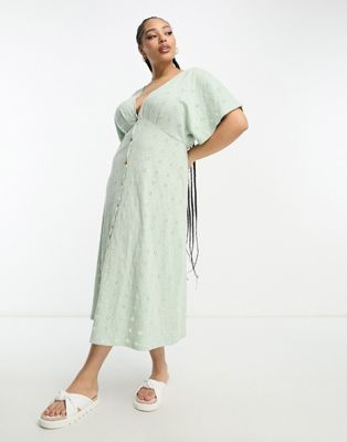 ASOS DESIGN Curve broderie v neck midi dress with buttons in sage and cream contrast - ASOS Price Checker