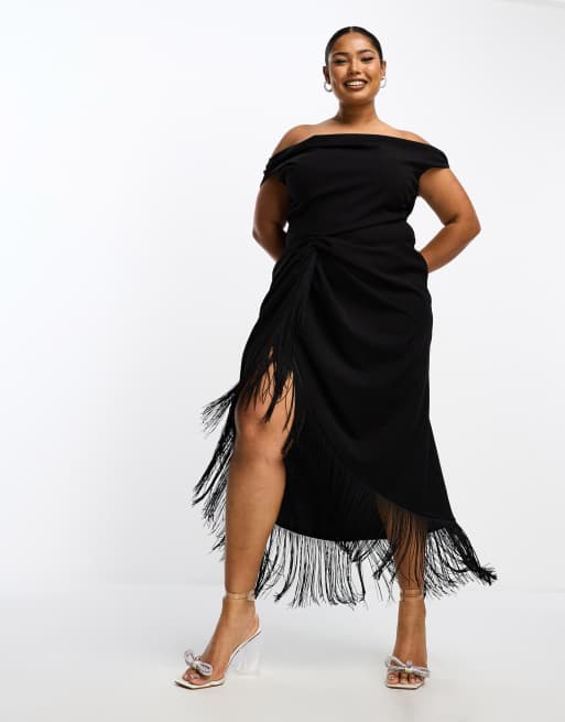ASOS DESIGN Curve - Vestito midi con scollo ad anello, arricciatura in vita e orlo con frange, colore nero