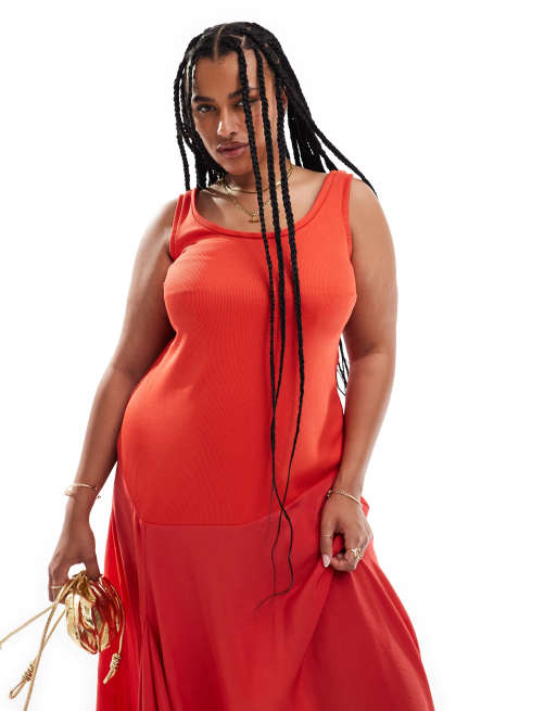 ASOS DESIGN Curve - Vestito midi con scollo rotondo a coste e in cupro rosso, 2 di 4