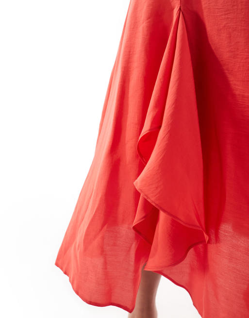 ASOS DESIGN Curve - Vestito midi con scollo rotondo a coste e in cupro rosso, 3 di 4