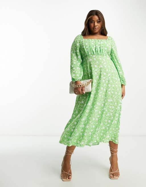 ASOS DESIGN Curve - Vestito midi con scollo squadrato arricciato verde a fiori 