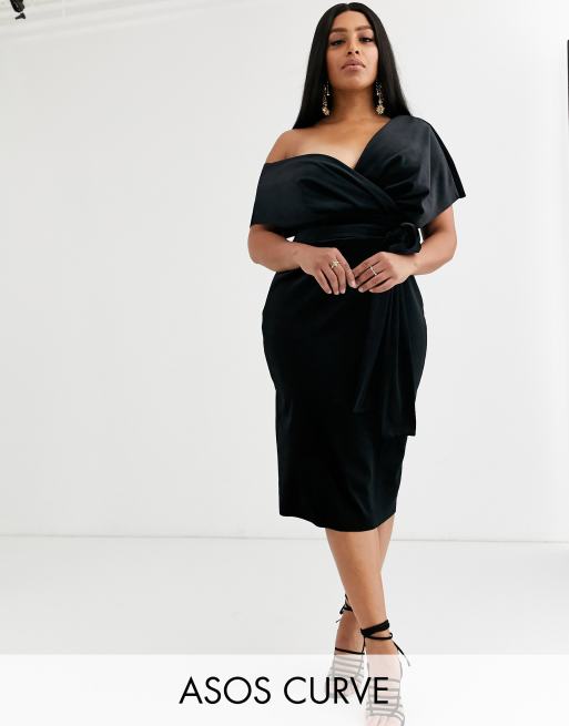 ASOS DESIGN Curve - Vestito midi con spalle scese e laccetti in velluto