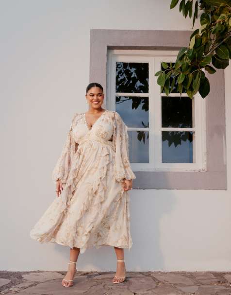 ASOS DESIGN Curve - Vestito midi con stampa a fiori, inserto in pizzo con volant e cut-out - view 1