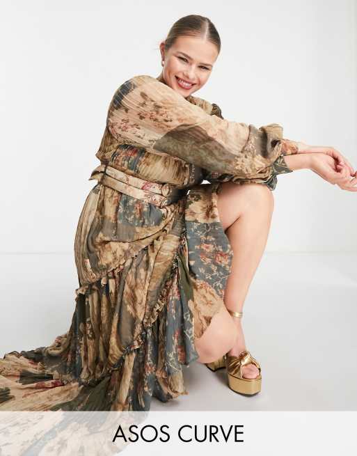 ASOS DESIGN Curve - Vestito midi con stampa patchwork con dettaglio a pieghe e cintura doppia