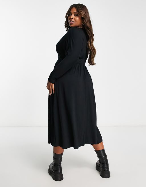 ASOS DESIGN Curve - Vestito midi da giorno a maniche lunghe nero con bottoni, 3 di 4