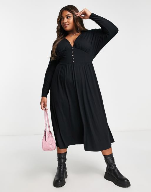 ASOS DESIGN Curve - Vestito midi da giorno a maniche lunghe nero con bottoni, 4 di 4