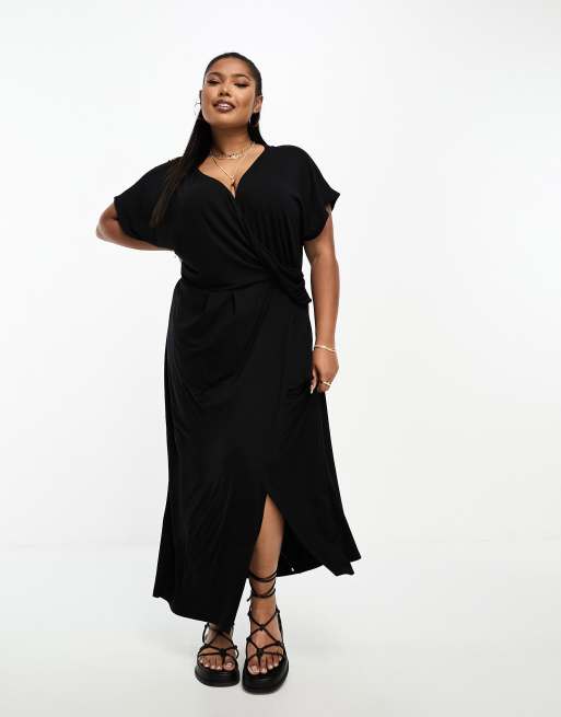 ASOS DESIGN Curve - Vestito midi da giorno nero a pieghe drappeggiato