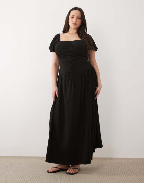 ASOS DESIGN Curve - Vestito midi da giorno nero con arricciatura sul davanti - view 1
