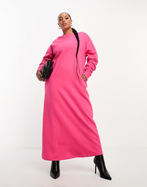 ASOS DESIGN Curve - Vestito midi felpato rosa con tasche