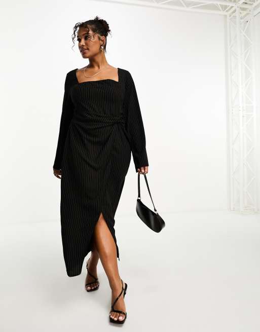 ASOS DESIGN Curve - Vestito midi gessato con scollo squadrato e maniche svasate con nodo