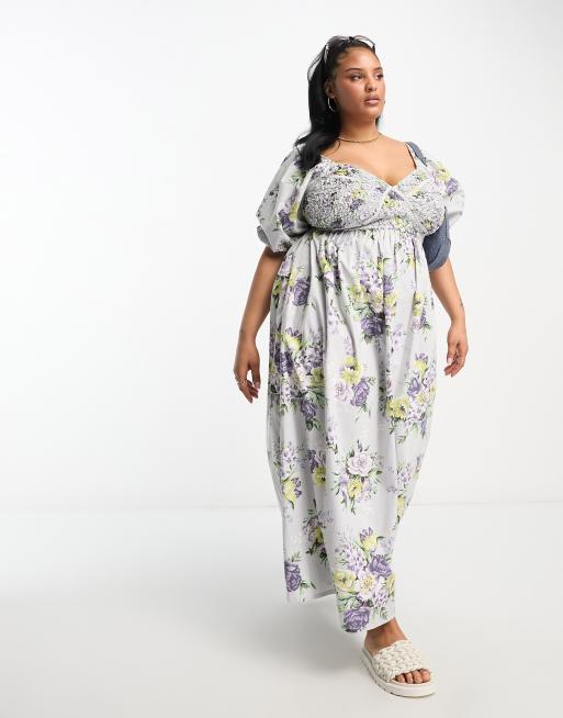ASOS DESIGN Curve - Vestito midi in cotone a fiori con corsetto arricciato, 4 di 4