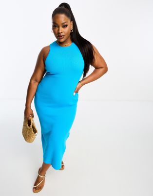 Asos Design Curve - Vestito Midi In Maglia Blu Acceso Con Dorso A Vogatore