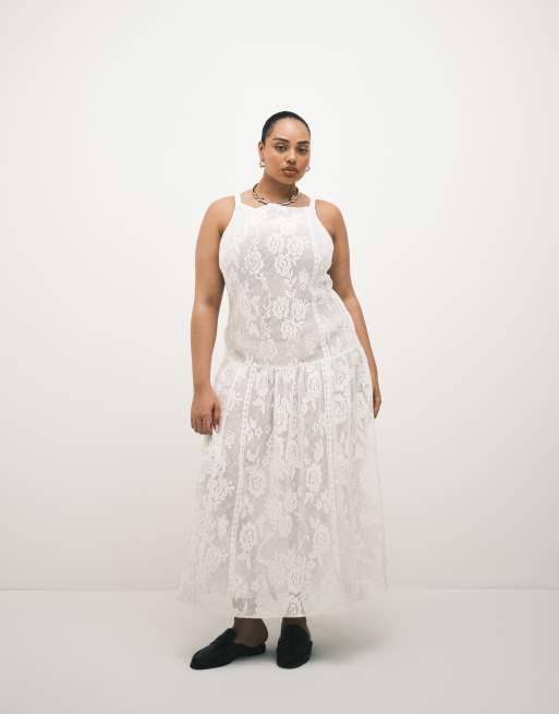 ASOS DESIGN Curve - Vestito midi in pizzo color avorio con scollo a barchetta, 1 di 4