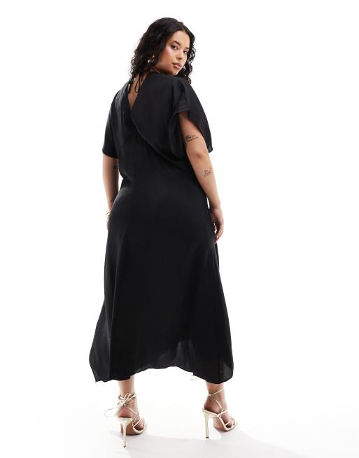 ASOS DESIGN Curve - Vestito midi in raso nero asimmetrico con volant, 2 di 4