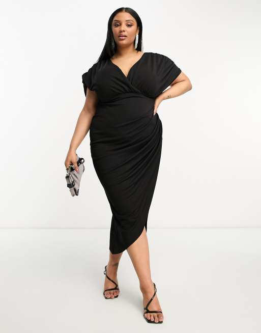 ASOS DESIGN Curve - Vestito midi in raso nero testurizzato con scollo profondo