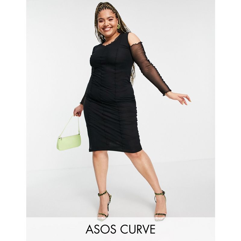 Donna 5Y1RI DESIGN Curve - Vestito midi in rete con spalle scoperte e cuciture modellanti a vista nero