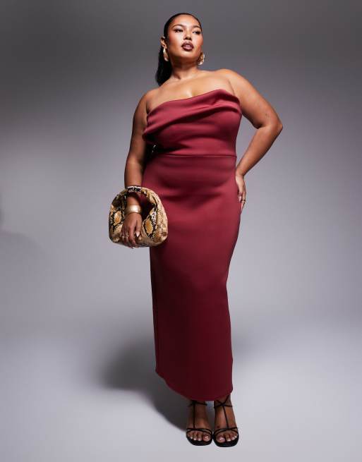 ASOS DESIGN Curve - Vestito midi in tessuto scuba bordeaux con bustino strutturato