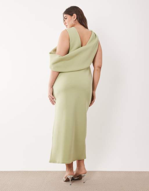 ASOS DESIGN Curve - Vestito midi in tessuto stile scuba verde salvia con spalle scivolate e cut-out, 4 di 4