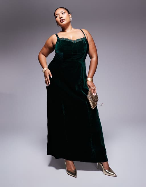 ASOS DESIGN Curve - Vestito midi in velluto verde-azzurro intenso stile corsetto con inserto in pizzo