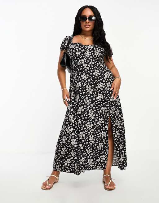ASOS DESIGN Curve - Vestito midi in viscosa con scollo a cuore e spacco sul davanti con stampa a fiori