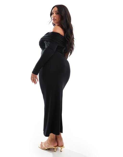 ASOS DESIGN Curve - Vestito midi incrociato a maniche lunghe nero con spalle scoperte, 3 di 4